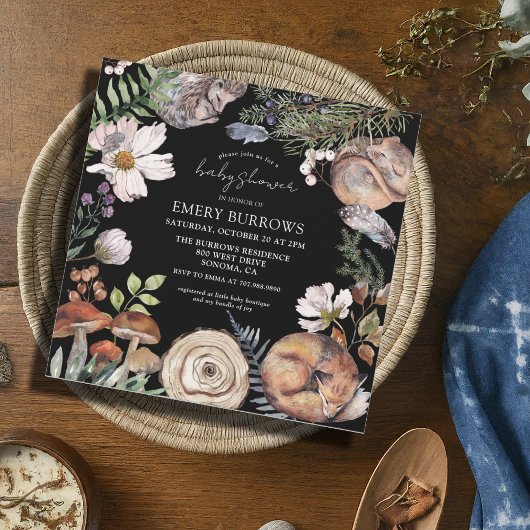 Waldtiere Niedliche Waldtiere Schwarze Babydusche Einladung