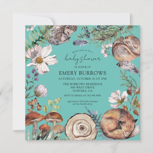 Waldtiere Niedliche Waldtiere Türkis Kinderdusche Einladung (Vorderseite)