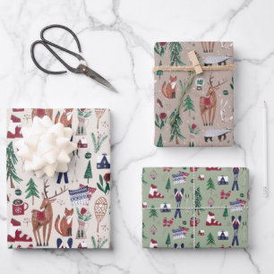 Waldtiere Nordic-Ski-Weihnachtsmuster Geschenkpapier Set