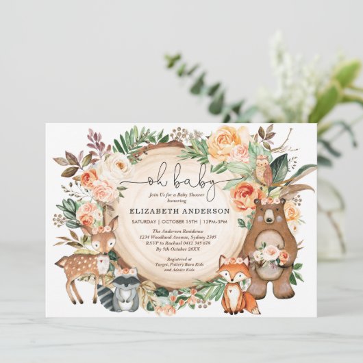 Waldtiere Peach Orange Floral Baby Dusche Einladung (Stehend Vorderseite)