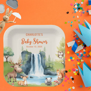 Waldtiere Personalisiert Orange Baby Dusche Pappteller