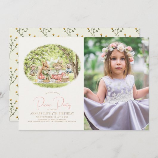 Waldtiere Picnic Girl Geburtstags-Foto Einladung (Vorne/Hinten)