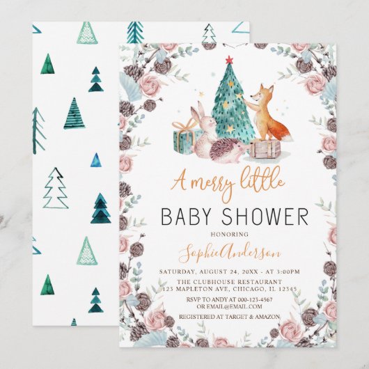 Waldtiere Pine tree Weihnachtsdusche Einladung (Vorne/Hinten)