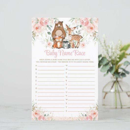 Waldtiere Pink Floral Baby Name Race Game (Stehend Vorderseite)