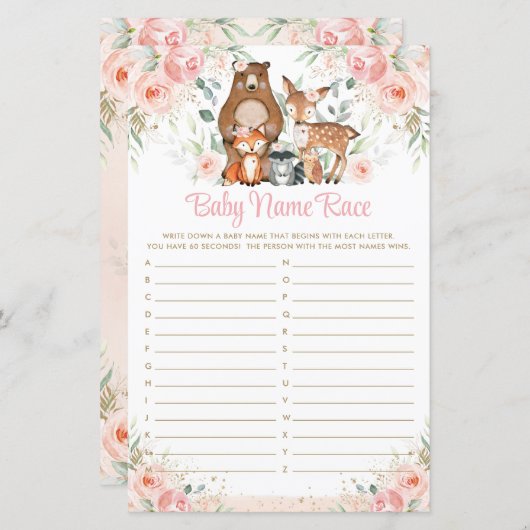 Waldtiere Pink Floral Baby Name Race Game (Vorne/Hinten)