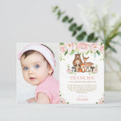 Waldtiere Pink Floral Girl 1. Geburtstag Dankeskarte (Stehend Vorderseite)