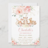 Waldtiere Pink Floral Gold Girl Geburtstag Einladung (Vorderseite)