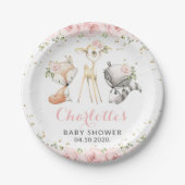 Waldtiere, rosa Blume, Babydusche Pappteller (Vorderseite)