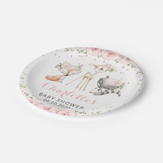 Waldtiere, rosa Blume, Babydusche Pappteller (Schrägansicht)