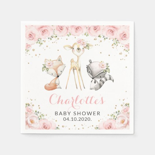 Waldtiere, rosa Blume, Babydusche Serviette (Vorderseite)