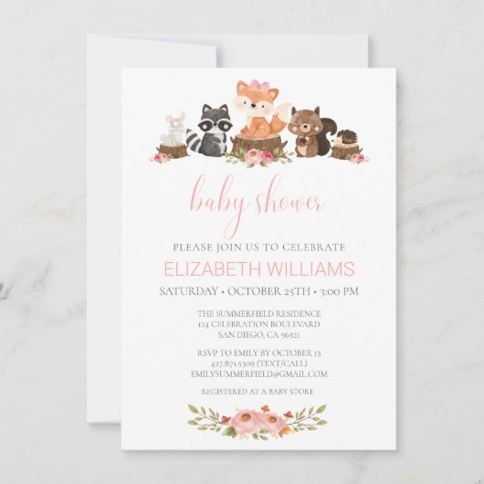 Waldtiere Rosa Blumendusche Einladung (Vorderseite)