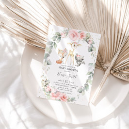 Waldtiere Rosa Blumengrün Babydusche Einladung