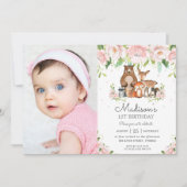 Waldtiere Rosa Flora 1. Geburtstag Foto Einladung (Vorderseite)