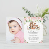 Waldtiere Rosa Flora 1. Geburtstag Foto Einladung (Stehend Vorderseite)