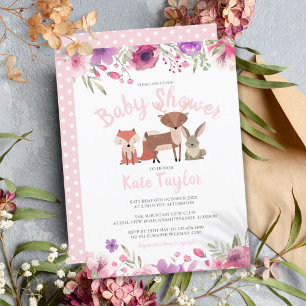 Waldtiere Rosa Florale Babygirl-Baby-Party Einladung