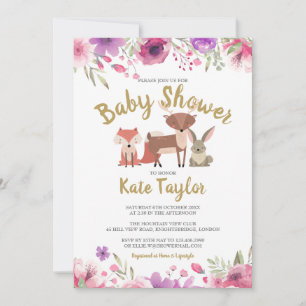 Waldtiere Rosa Florale Babygirl-Spritzenparty Einladung