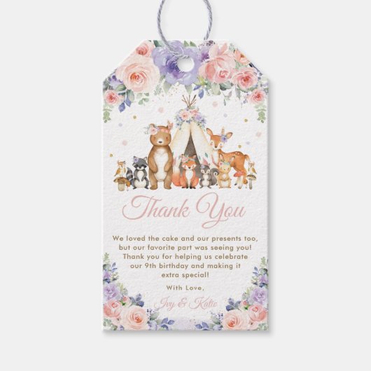 Waldtiere Rosa und Lila Flora Vielen Dank Geschenkanhänger (Vorderseite)