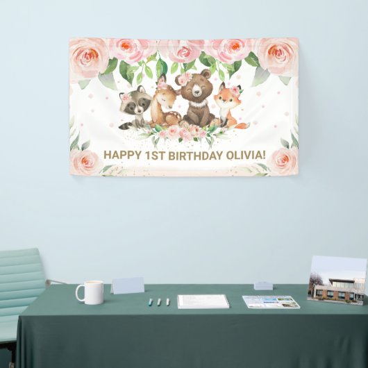 Waldtiere rosafarbenes, florales Hintergrundbanner Banner (Messeveranstaltung)