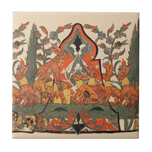 WALDTIERE, ROTE RABBITS UNTER DEN BLÄTTER DER BLUM FLIESE (Vorderseite)