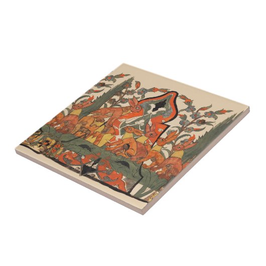 WALDTIERE, ROTE RABBITS UNTER DEN BLÄTTER DER BLUM FLIESE (Seite)