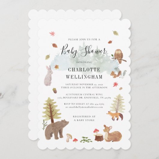 Waldtiere Rustikale Babydusche Einladung (Vorne/Hinten)