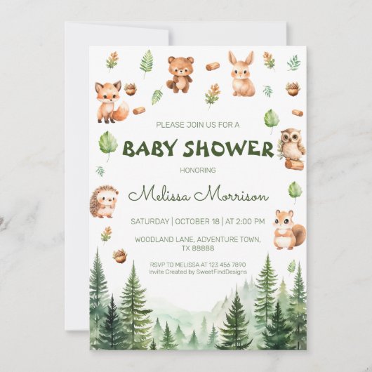 Waldtiere Rustikale Kinderdusche Einladung (Vorderseite)