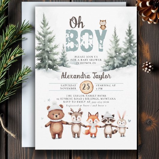 Waldtiere Rustikale Winter Boy Babydusche Einladung