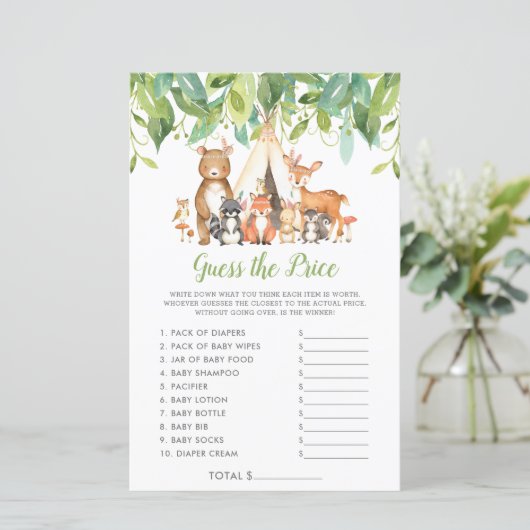 Waldtiere schätzen das Price Baby Shower Game (Stehend Vorderseite)