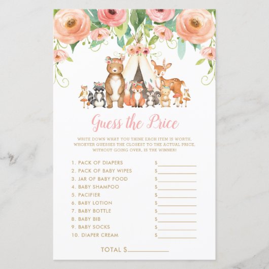 Waldtiere schätzen das Price Baby Shower Game (Vorderseite)