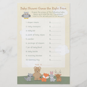 Waldtiere schätzen das Price Baby Shower Game Flyer