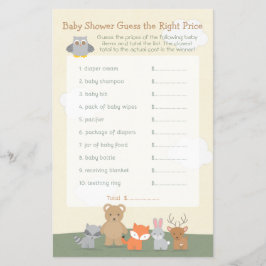 Waldtiere schätzen das Price Baby Shower Game Flyer