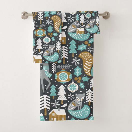 Waldtiere Schneeflocken Skandinavische Weihnachten Badhandtuch Set (Insitu)