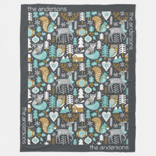 Waldtiere Schneeflocken Skandinavische Weihnachten Fleecedecke