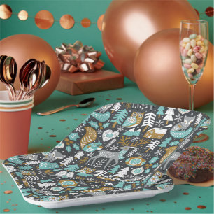 Waldtiere Schneeflocken Skandinavische Weihnachten Pappteller