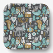 Waldtiere Schneeflocken Skandinavische Weihnachten Pappteller (Vorderseite)