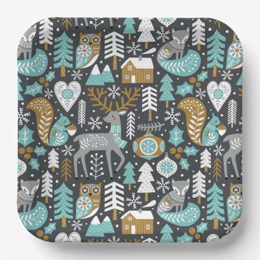 Waldtiere Schneeflocken Skandinavische Weihnachten Pappteller (Vorderseite)
