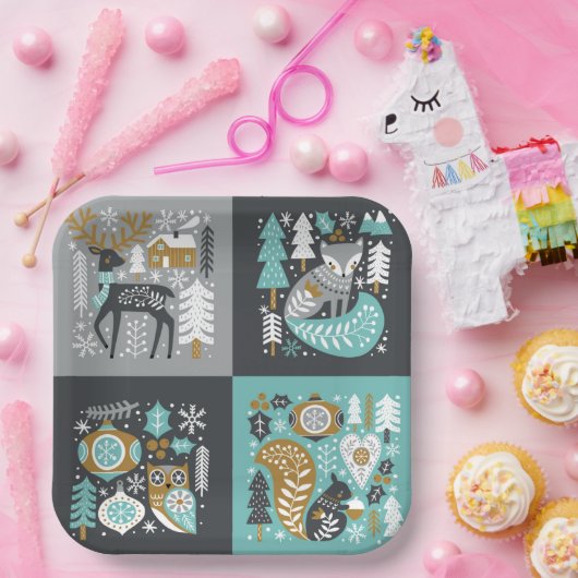 Waldtiere Schneeflocken Skandinavische Weihnachten Pappteller (Party)