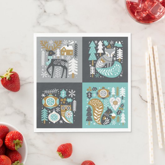 Waldtiere Schneeflocken Skandinavische Weihnachten Serviette (Beispiel)