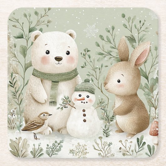 Waldtiere & Schneemann Rechteckiger Pappuntersetzer (Vorderseite)