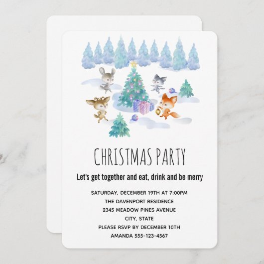 Waldtiere tanzen um das Weihnachtsbaum-Party Einladung (Vorne/Hinten)