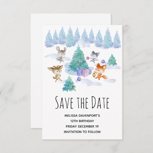 Waldtiere tanzen um einen Bäume herum Save The Date (Vorne/Hinten)