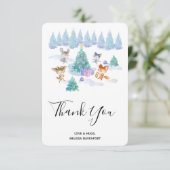 Waldtiere tanzen um Weihnachtsbaum Dankeskarte (Stehend Vorderseite)