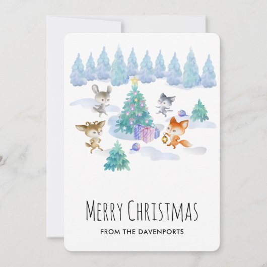 Waldtiere tanzen um Weihnachtsbaum Feiertagskarte (Vorderseite)