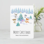 Waldtiere tanzen um Weihnachtsbaum Feiertagskarte (Stehend Vorderseite)