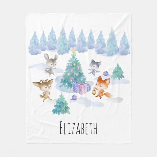 Waldtiere tanzen um Weihnachtsbaum Fleecedecke (Vorderseite)