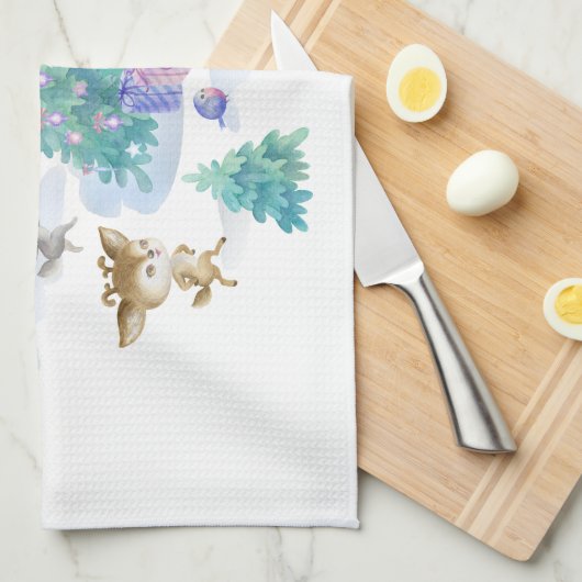 Waldtiere tanzen um Weihnachtsbaum Geschirrtuch (Viertel Falte)