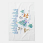 Waldtiere tanzen um Weihnachtsbaum Geschirrtuch (Vertikal)