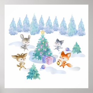 Waldtiere tanzen um Weihnachtsbaum Poster