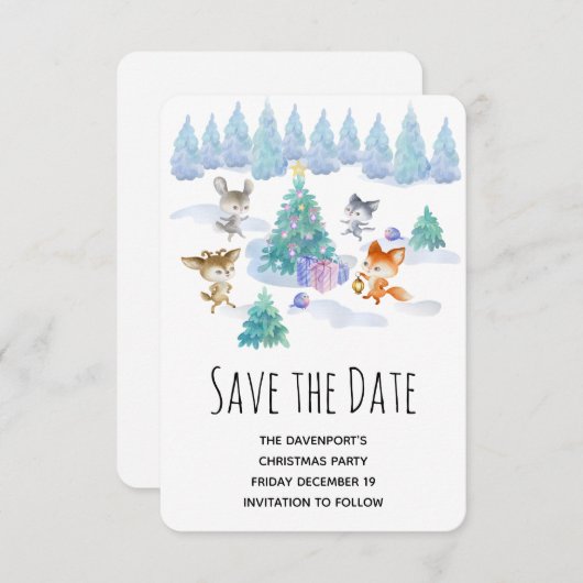 Waldtiere tanzen um Weihnachtsbaum Save The Date (Vorne/Hinten)