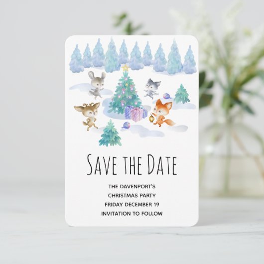 Waldtiere tanzen um Weihnachtsbaum Save The Date (Stehend Vorderseite)
